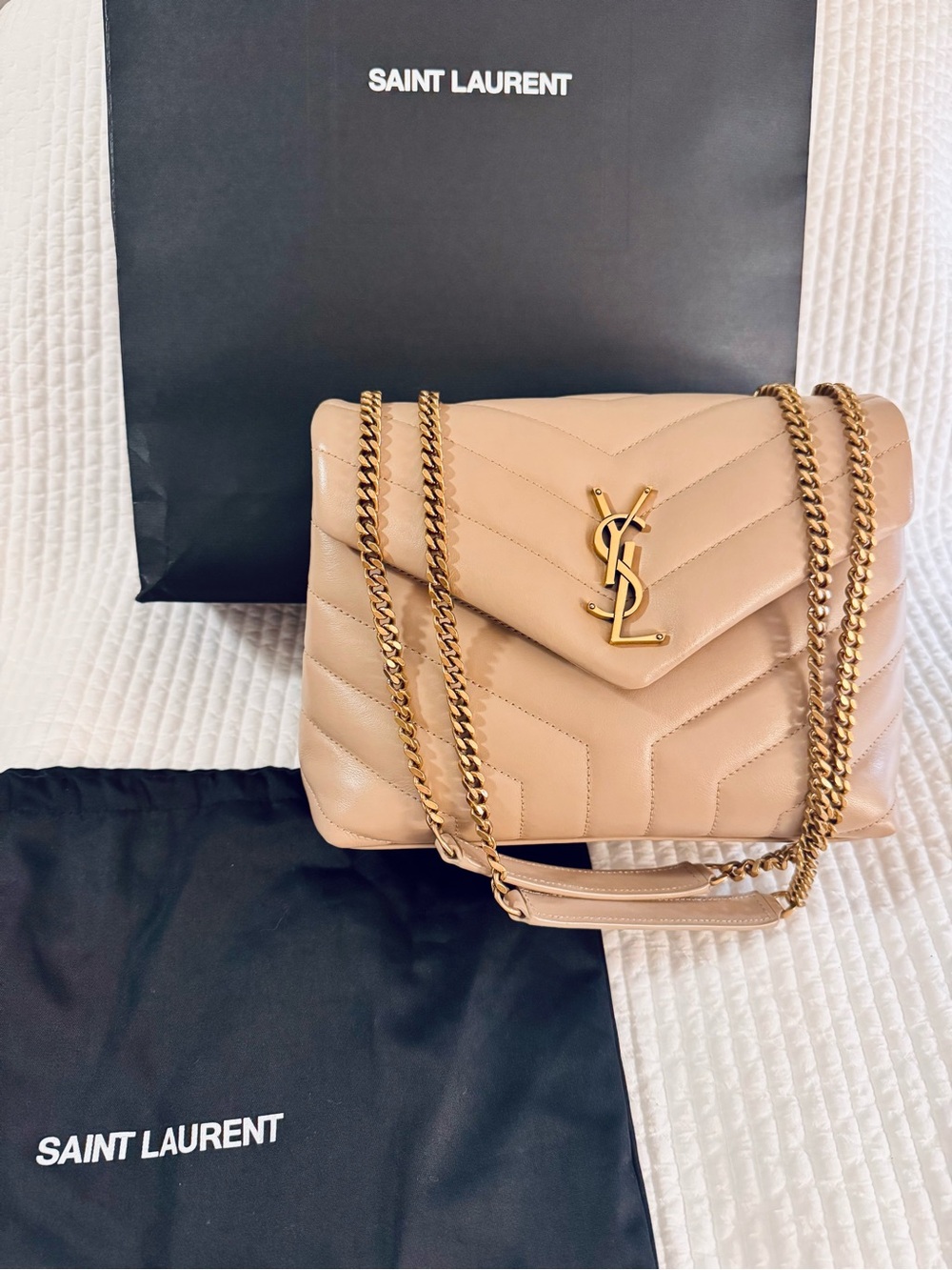 Saint Laurent Nude/Beige Quilted Leather Chain Shoulder Bag (YSL Loulou -Small)